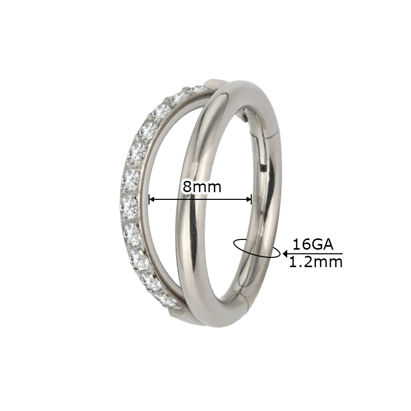 Piercing Earring Nose Nail Jewelry G23 Titanium 2 Fans Out Design Side Facing with CZ Pave One Side Segment Ring