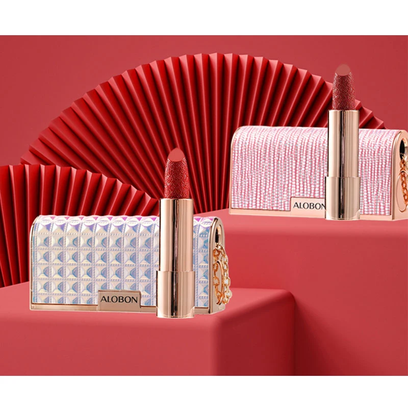 Alobon Diamonds Moisturizing Carved Surface Chain Bag Style Lipstick Waterproof Long Lasting Non-stick Cup Matte Velvet Lipstick