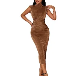 2022  Women Half Turtleneck Work Clothes Woman Office Elegant Shoulder Pads Evening Dress