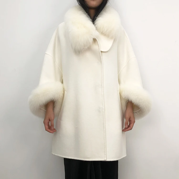 Women new fashion fox fur collar cloak short 100% genuine wool trench coat