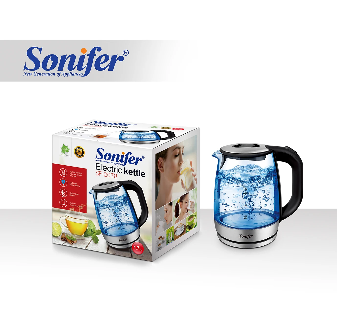 Sonifer SF-2078 кухня 1 7 литр защитой от кипячения зарядное устройство основание светодиодным индикатором стеклянный