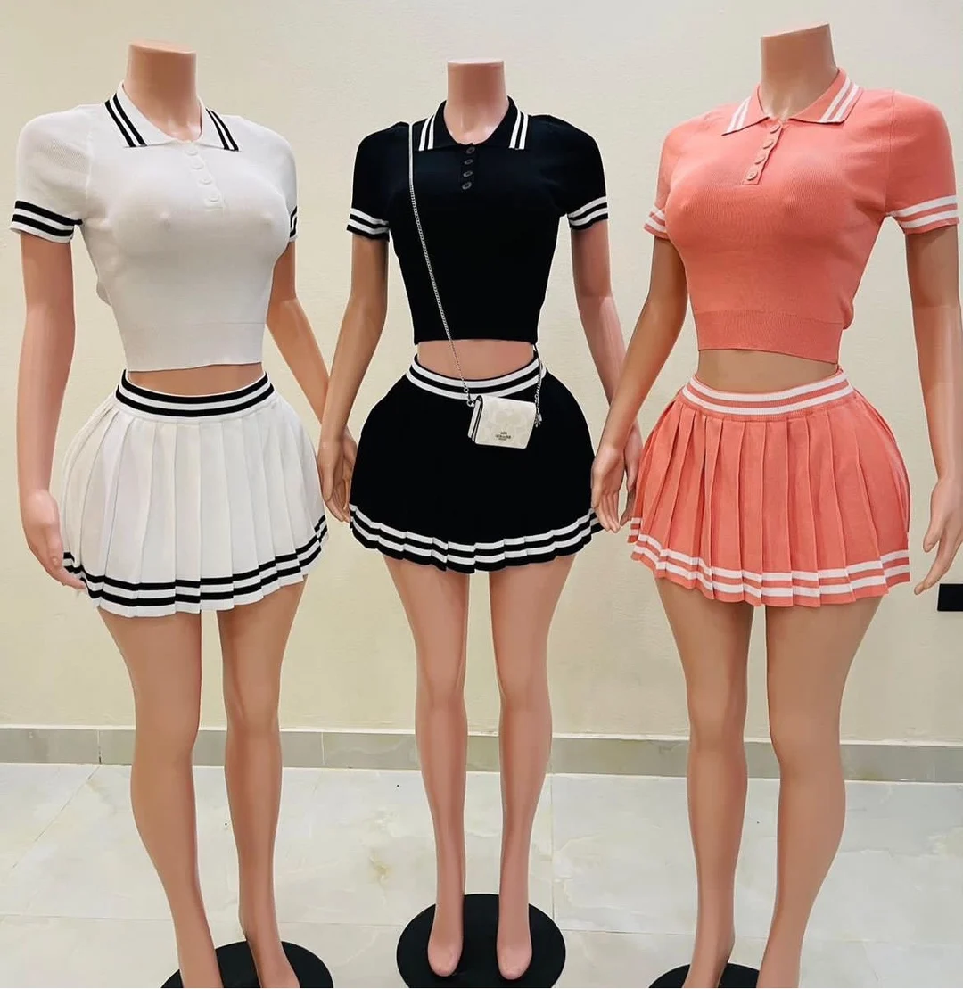 Women Striped Pleated Skirts Set and Polo-collar T-shirt 2024 Summer Tennisball outfit skirt 2 piece set women