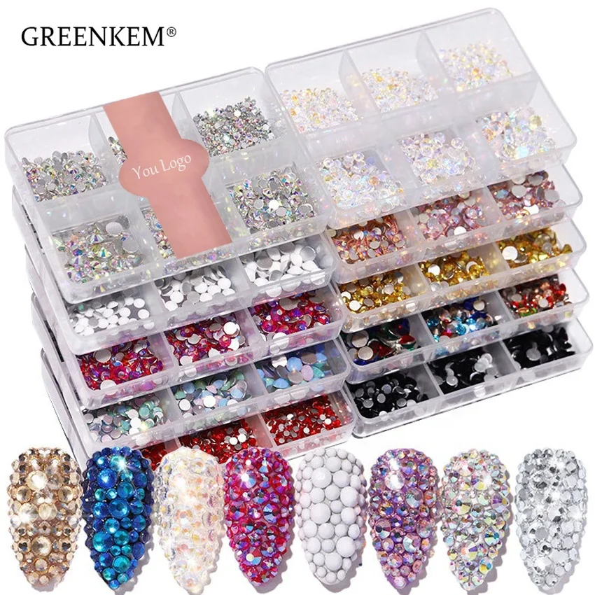 GREENKEM Crystals Kinds Of Color Nail Rhinestone Flat Bottom Multi-size Crystals Strass Gem Nail Art 3D Decoration