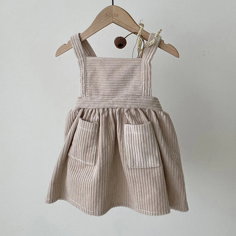 2023 Baby Summer Clothing Toddler Kids Baby Girls Party Strap Suspender Gown Solid Overalls Dresses Corduroy Outfits