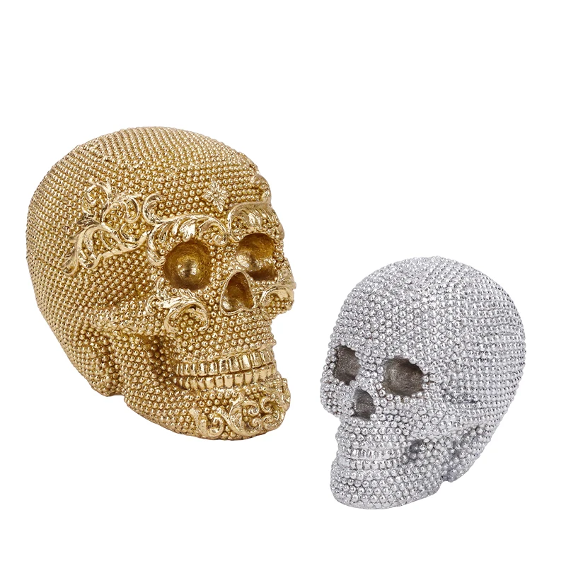 Redeco Creative Halloween Skull Ornaments Cool Silver Skull Head Statue Resin Golden Skull Sculpture For  Home Decoration