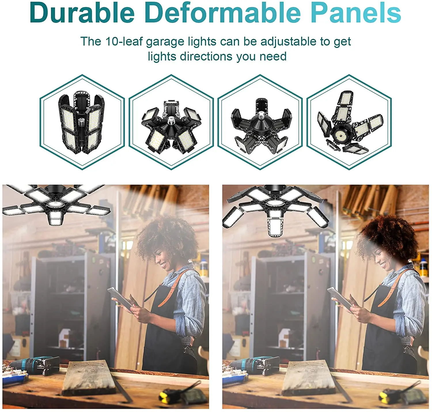 lumiere de garage ler 8000lumen,shop light 8 feet led fixture,5 panel deformable ufo led garage light 6500 lm 4 adjustable