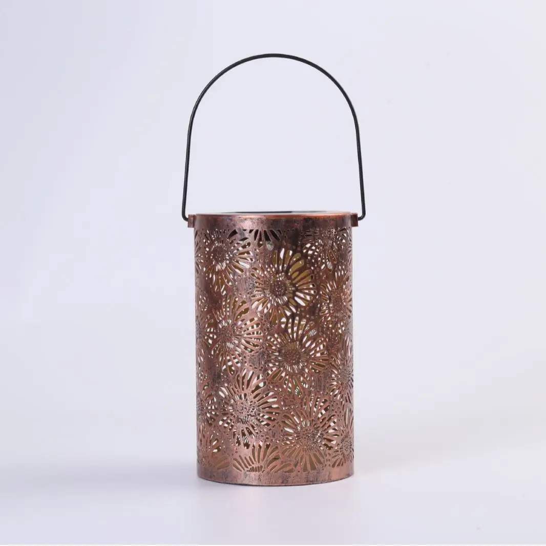 Outdoor waterproof metal Retro hollowed out pattern cylinder solar bucket light for gardens,courtyards,corridors,tree