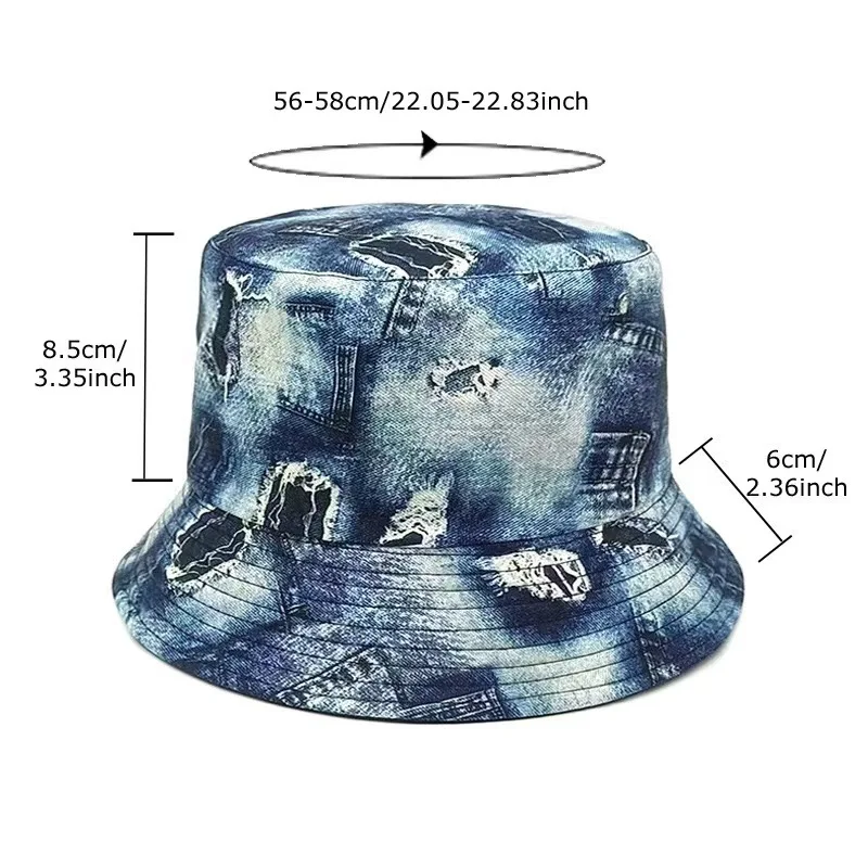 Washed Cotton Vintage travel  Patchwork Denim Bucket Hat for Men Women Teen with Trendy Print Pattern Outdoor Jean Fisherman Hat