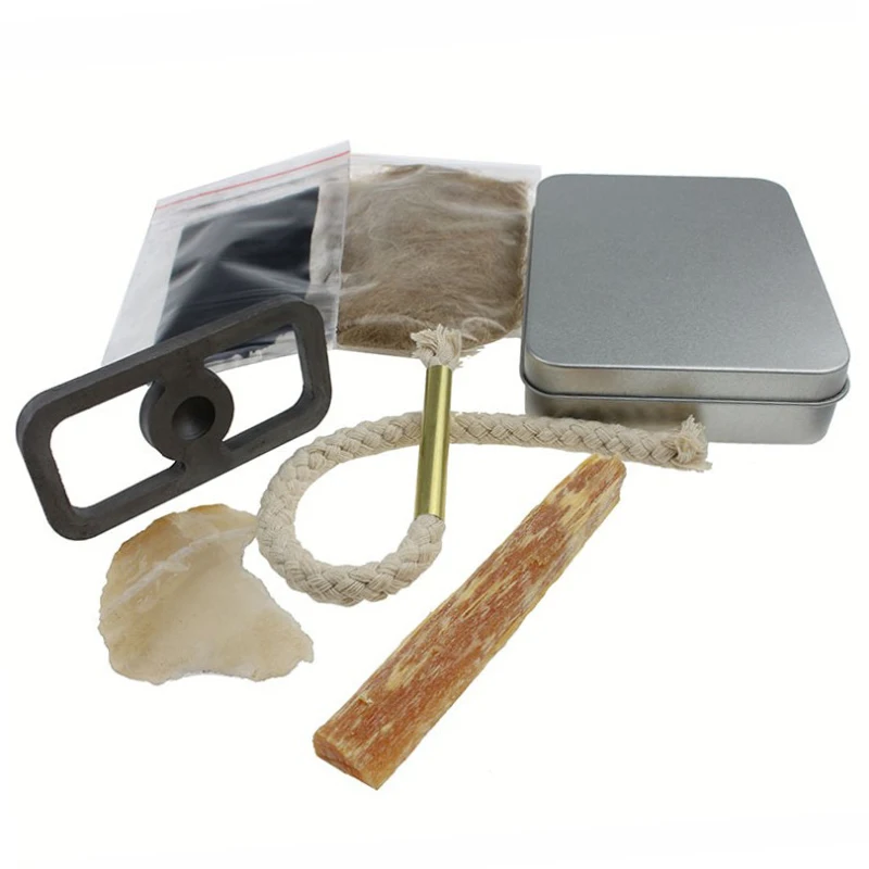 Pocket Tin Survival Jute Tinder Starting Fire Stone with Fatwood