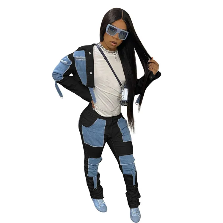 
vetement-femme Plastic stacked pants set stacking pants casual crop top personality denim pocket woman stack boby suits 