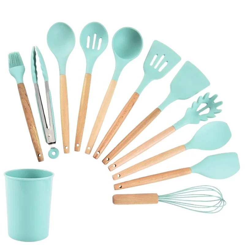 
Spot color silica gel kitchenware baking set storage bucket wooden handle kitchen cooking utensils pot shovel spoon silica gel 1 
