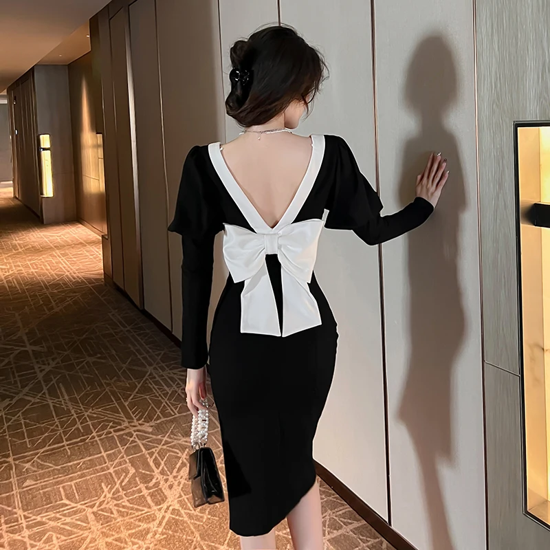 ZYHT 6047 Elegant Clothes Women Wholesale Korean Style Bow Tie Backless Lantern Sleeve Bodycon Elegant Winter Dress