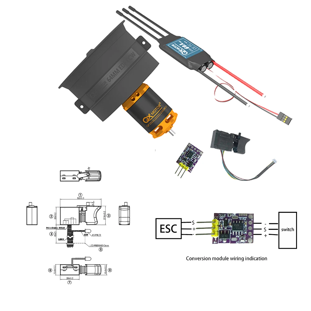 QX-MOTOR 50mm/64mm/70mm violent fan assembly accessories, matched with brushless motor, 1KW controller and switch components