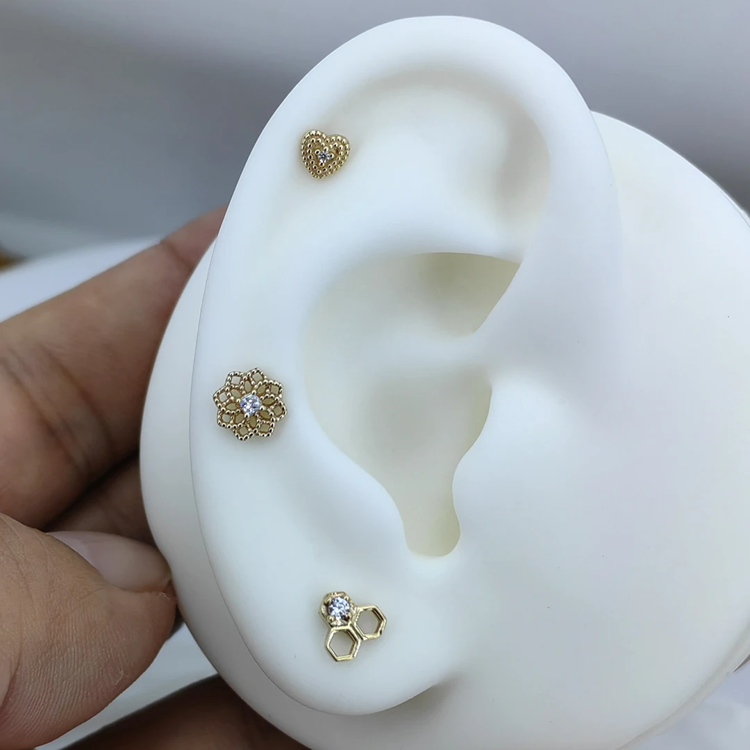 Calendo Fine Jewelry  14k  Solid Gold   Threadless  End With Stainless Steel Pin  Daith  Earlobe  End Piercing Earring Top