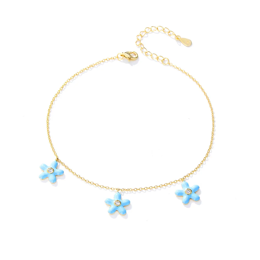 Cute girls beach foot jewelry 925 silver rhodium plated cubic zirconia enamel flower starfish anklet ankle bracelet