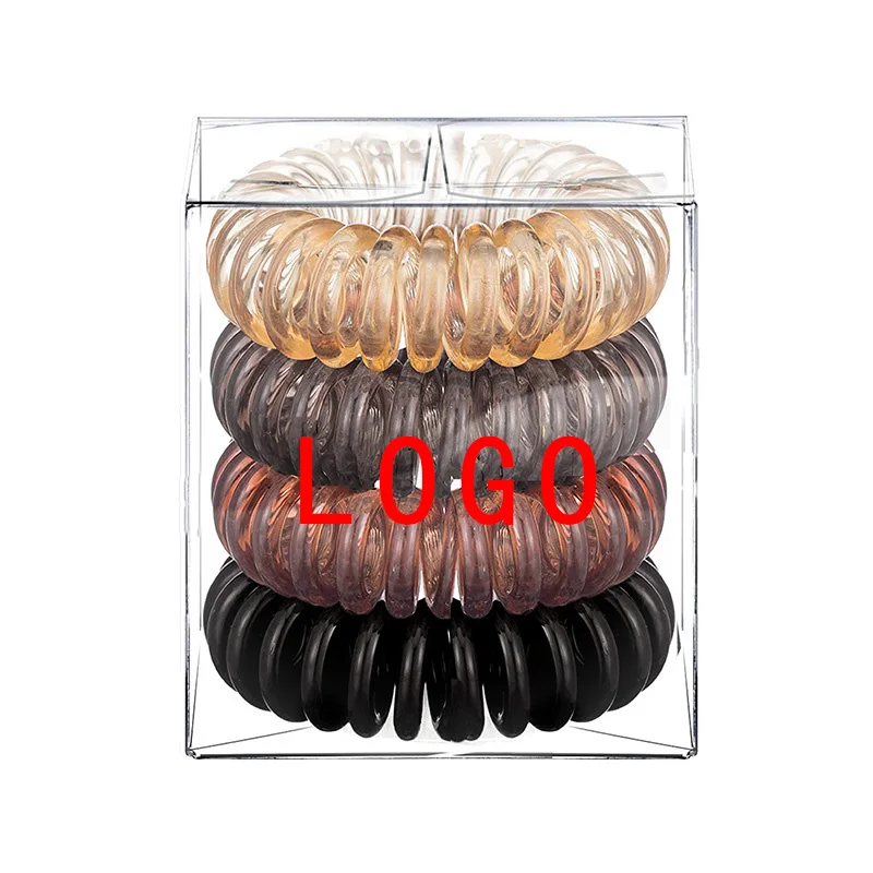 Custom Logo Packaging 4pcs Phone Cord Hair Ties Plastic Telephone Hair Coils No Crease Ponytail Holder Accessory for Woman