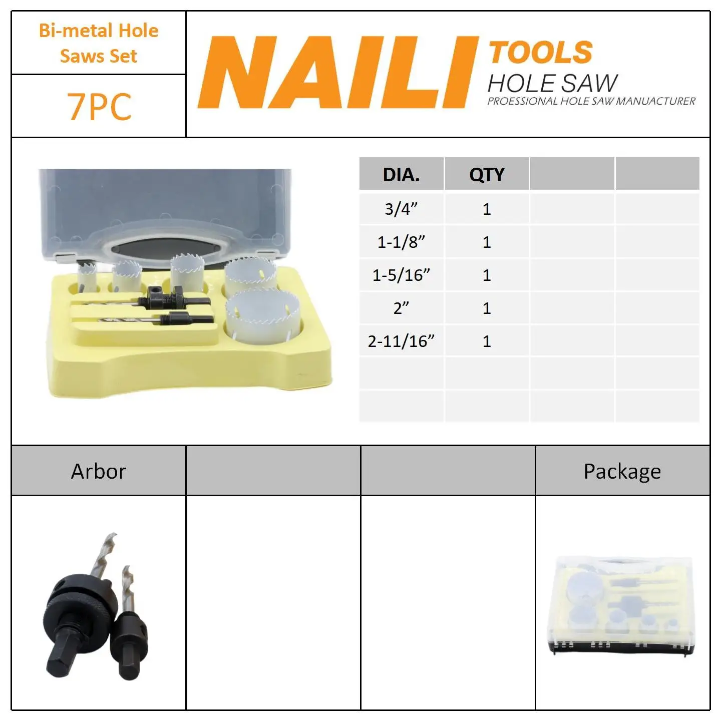 Naili 7 PC bi-metal M42 hole saw Set with Saw Blades Mandrels Drill Bits Installation Plate  in Transparent plastic box