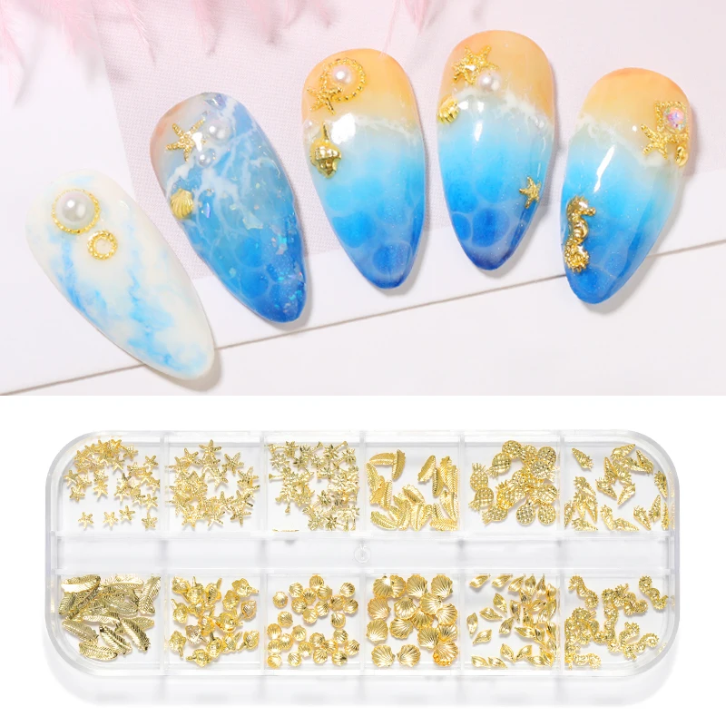 Gold Nail Art Alloy Studs Seaside 3D Decorations Sea Shell Star Feathers Charm Metal Frame Rivets Nail Sequin Accessories