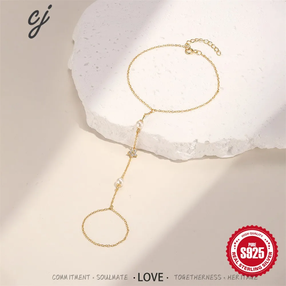 Carline Fashion Hand Chain Ring Bracelet Simple 925 Silver Pearl Zircon Flower Ring Bracelet Ring Connected Jewelry for Women