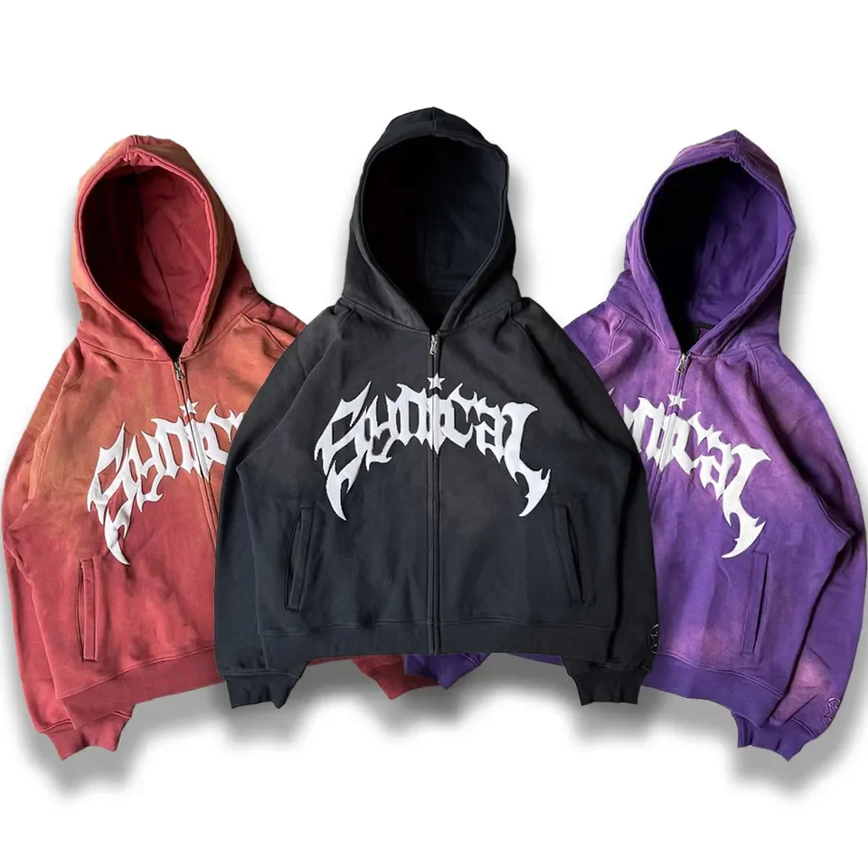 Mens Vintage Washed Hoodies Heavyweight Cotton Acid Washed Zip Up Hoodies 3D Puff Printing Zipper Hoodie