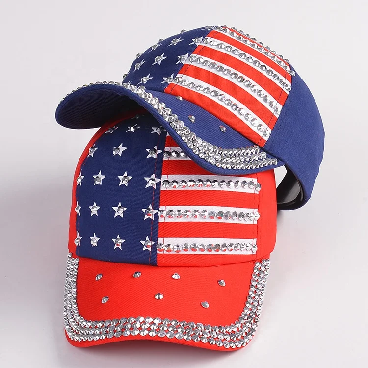 New Design Rhinestone America Flag Hat Casual Diamond USA Baseball Hat