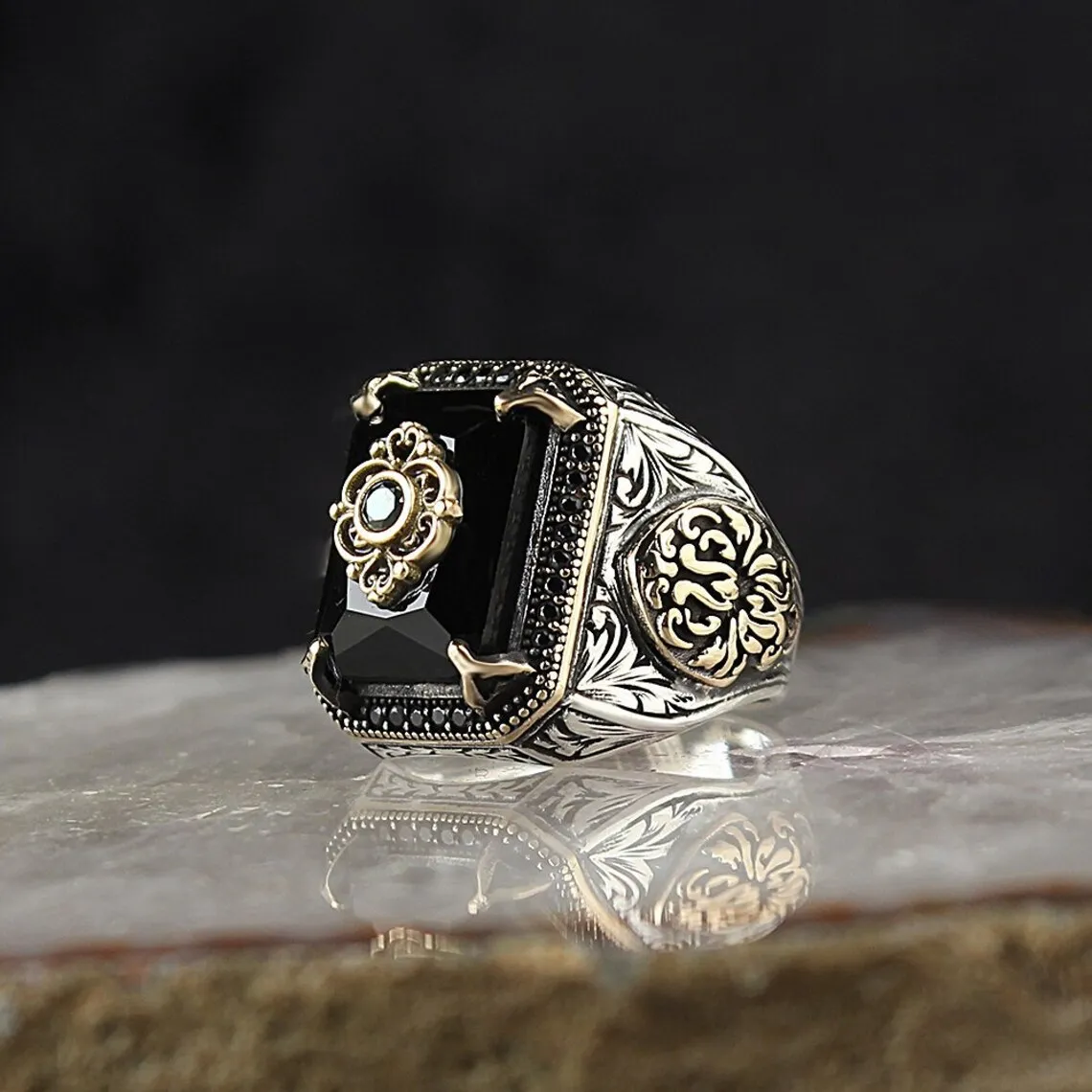 2024 Turkish Jewelry Black Ring Men Light-weight Silver Mens Rings Agate Stone Vintage Cool Fashion Alloy Cocktail Ring Amethyst