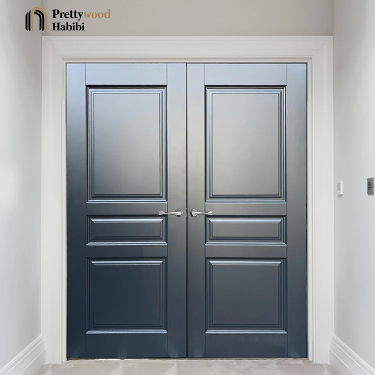 Prettywood Luxury House American Mahogany 3 Panel Traditional Design Rise Panel Solid Wooden Double Front Entry Door