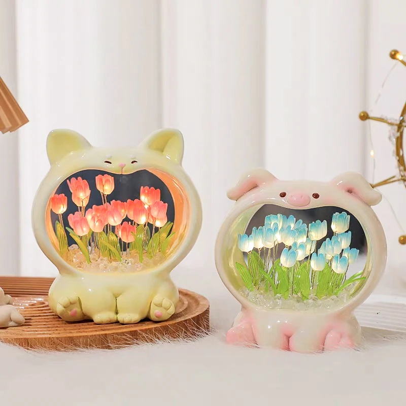 Creative Home Decor Handmade DIY Tulip Animals 10 Flower Lamp Romantic LED Tulip Mirror Night Light for Bedroom Girls Gift