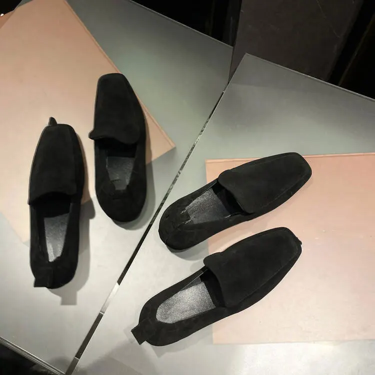 Xinzirain Custom Classic Casual Leather Black Brown Suede Leather Slip On Heel Women Flat Loafer Shoes For Ladies