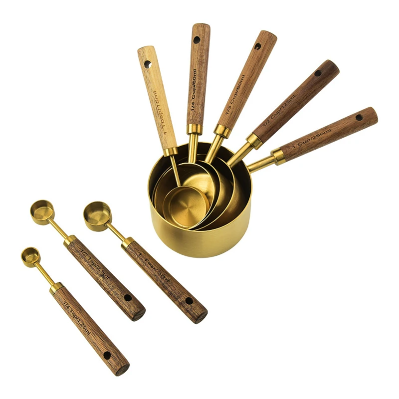  Золотой 8 piecesstainless стали мерные чашки и ложки с Акация деревянная ручка для сухих жидких