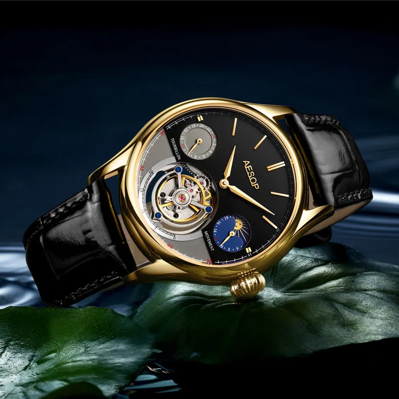 Best selling Multi functional original Gentuo flywheel movement fine steel black and white plate waterproof mechanical watch