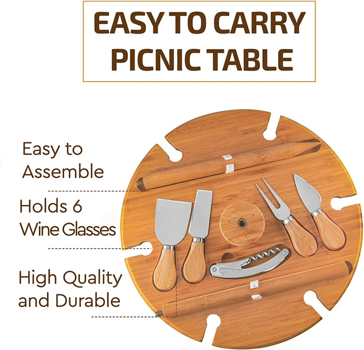 Round bamboo picnic table with knives & wine glass holders
