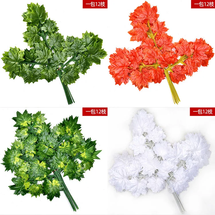Wholesale silk artifical fall leaf plastic stem green white yellow red gold silver leave decor artificial maple leaves for wall