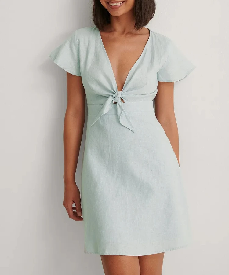Custom Logo New Design High Quality Tie Front  Dress Mini Casual Dress Spring Summer Women Linen Dresses