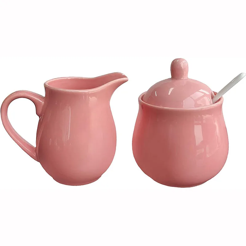 Creamer and Sugar Set with Lid Spoon for Colorful Ceramic Milk Pot Household Coffee Serving Set