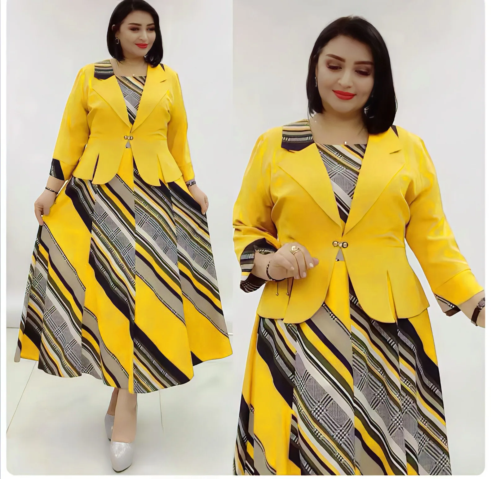 2023 New Classy Russia design women dress 2 pcs suit good quality coat and dress office suits printed dress with bow coat