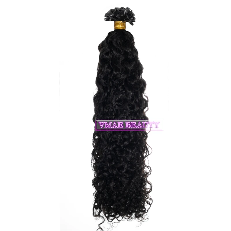 VMAE Indian Virgin Keratin Tip Hair Natural Black Color Afro Kinky Curly Flat Tip Human Hair Extension