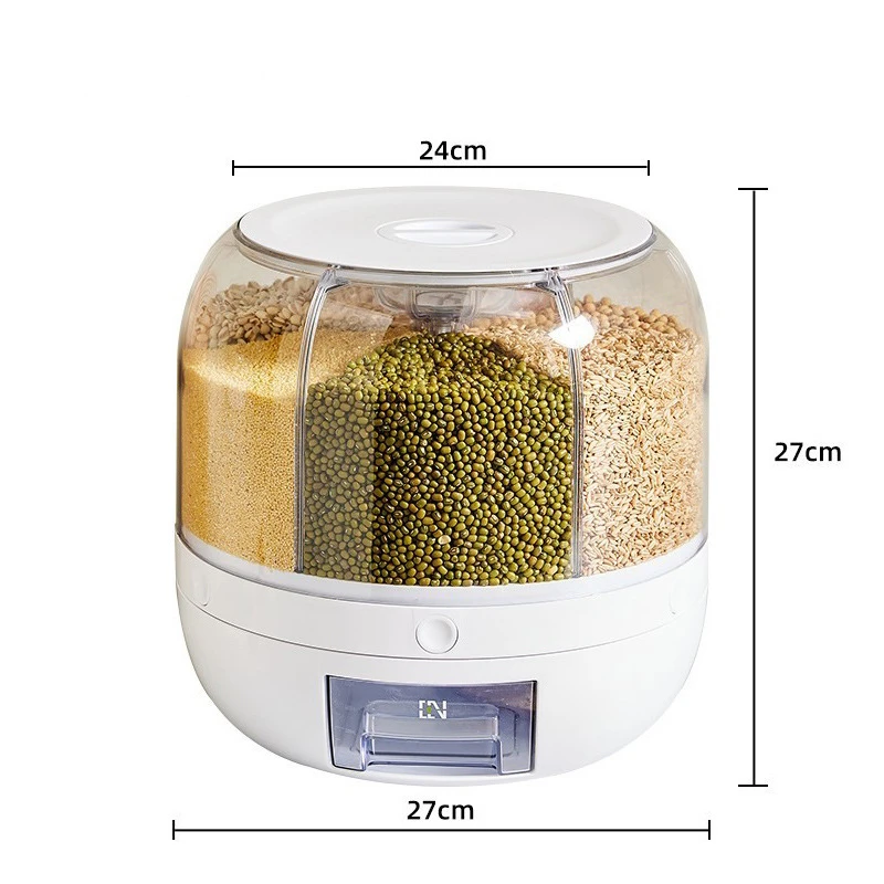 Grids Divided Rice Coffee Bean Dry Food Cereal Dispenser Rotating Cereal Storage Container 360 Degree Automatic 6 Foldable