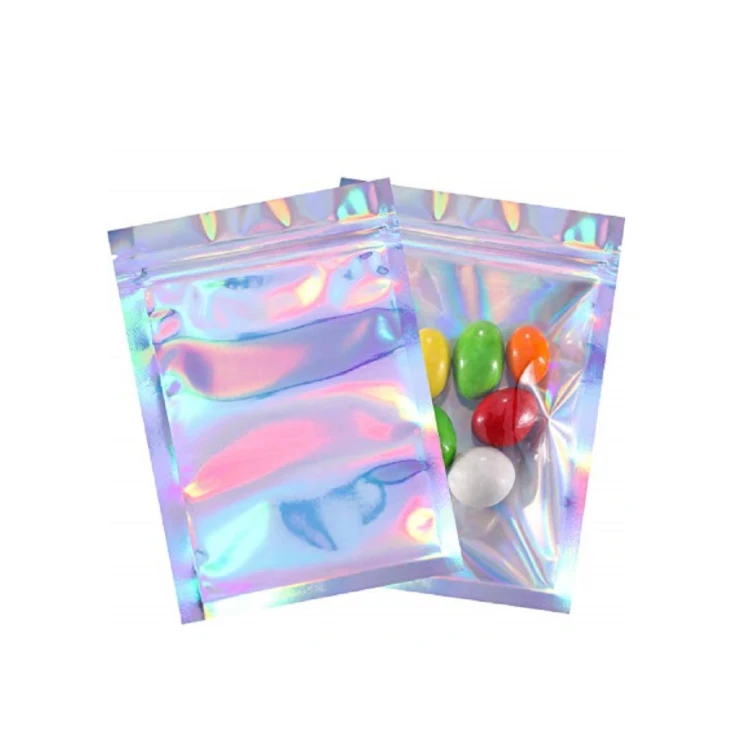 Custom Size Moisture Proof Holographic Clear Candy Ziplock Plastic Packing Cosmetics Zipper Bag For Packaging