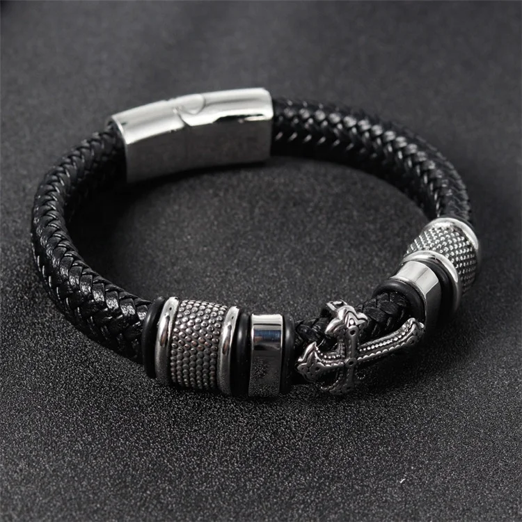 Punk Style Stainless Steel Cross Magnet Clasp Braided Genuine Leather Bracelet Pulsera Acero Inoxidable Hombre