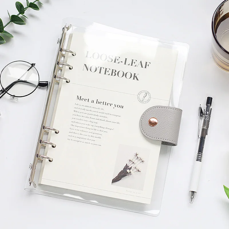 A5 transparent pvc cover 6 ring binder notebook refillable loose leaf journal note book 90 sheets