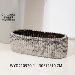 Luxury cheap fancy home decoration rectangle shape nordic gold-plated ceramic garden pot table flower pots wholesale