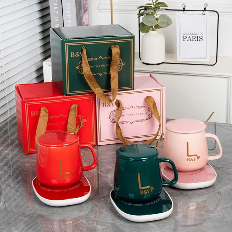 In Stock Custom Logo USB Office Home Gift Smart Ceramic Warmer Cup Heater Heating Pad Temperature Control Water Coffee Mug Set