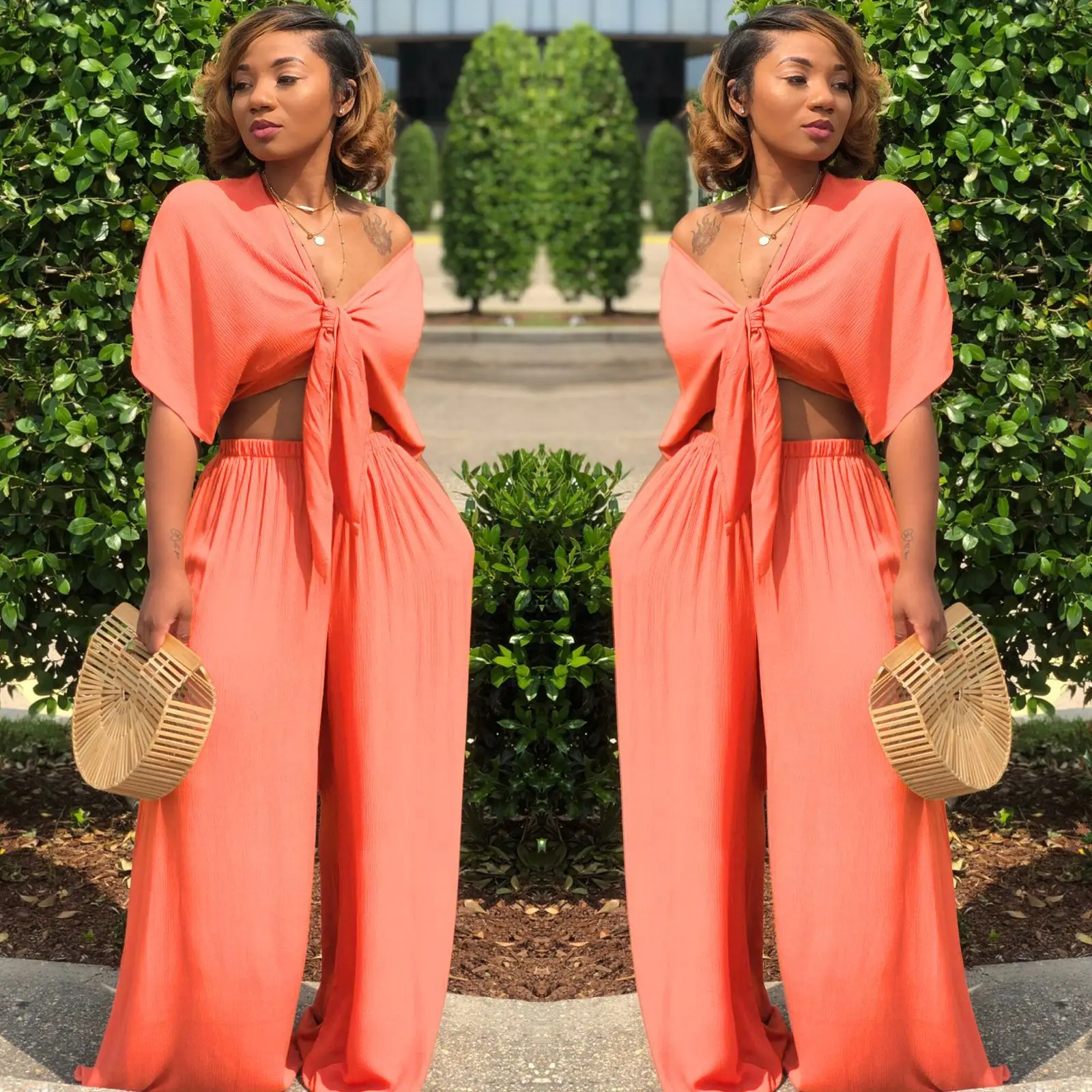 A7003 2022 new summer clothing casual off shoulder tie blouse sexy bandage custom logo wide leg pants set women two piece suit