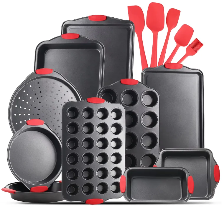 Commercial Heavy Duty Aluminium Bakeware Set-3 PCS Non Stick Biscuit Cookie Baking Tray Sheet with Red Silicone Grip Handle