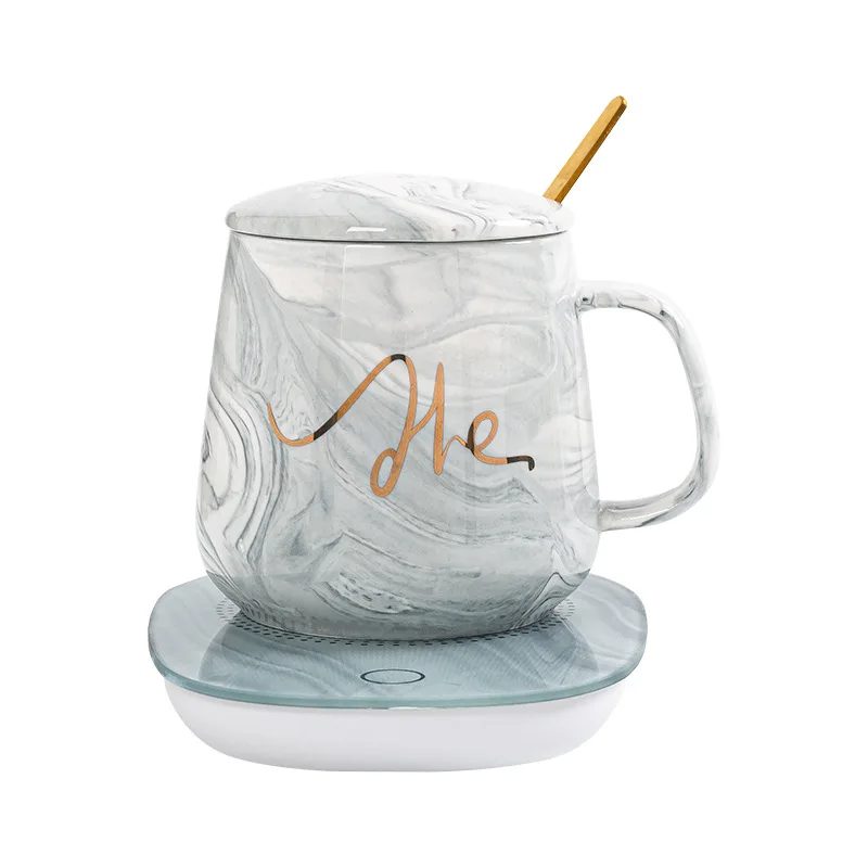 55 Degree Constant Temperature Heated Coffee Mug Warmer Cup Marble Pattern Ceramic Mug Set with Heating Pad