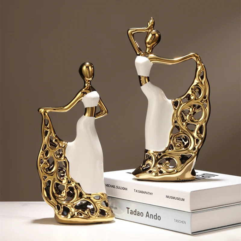 Luxury Nordic Style Gold-plated Dancer Girls Porcelain Ornament Room Decor Creative Ceramic Home Decoration For Christmas Gift