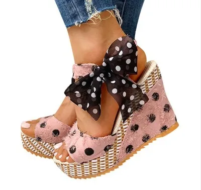 Fashion Women Sandals Dot Bowknot Platform Wedge Female Casual High Increase Shoes Ladies Ankle Strap Open Toe Sandals