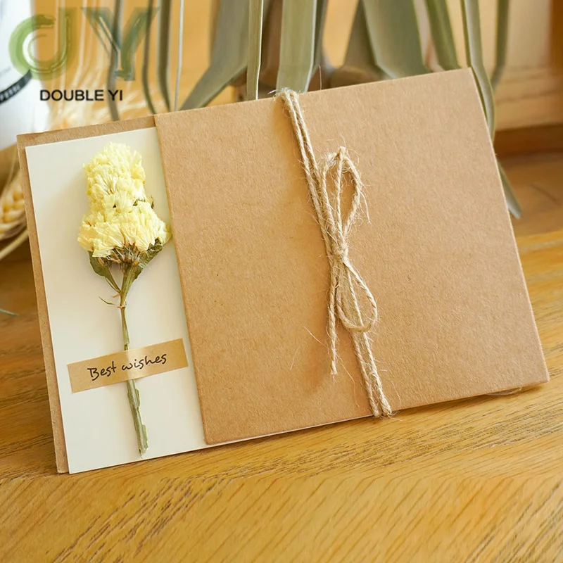Dry Flower Invitation Greeting Card Handmade Leave Message Paper Cards for Birthday Christmas Thanksgiving Day