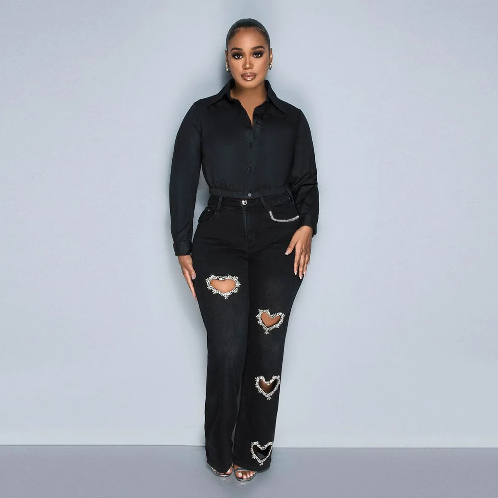 2024 new Fashion Straightse sequin rhinestone heart shape hollow out Fit Sexy Hollow Out High Waist Women loose Jeans pants